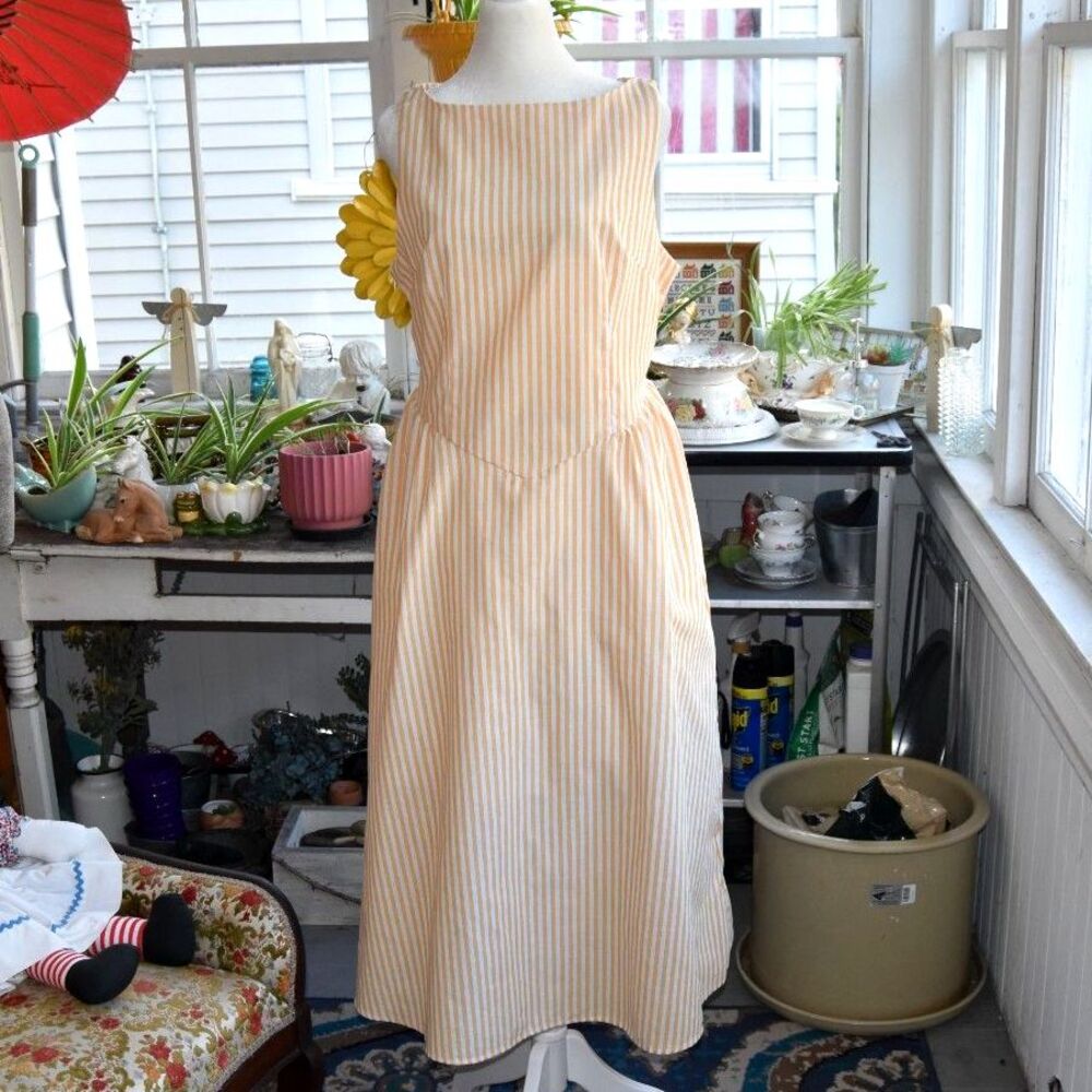 Vintage 60s Yellow White Striped Dress Side Zip Drop Waist Midi M